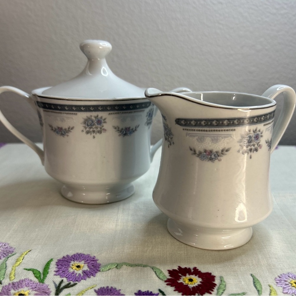 Vintage Cream and Sugar set Blue and White Floral swags